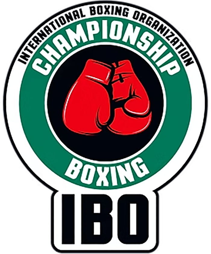 IBO-Logo mit roten Boxhandschuhen in einem grünen Ring, Text International Boxing Organization Championship, klar erkennbare Marke